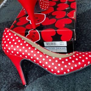 TUK red and white polka dot heels
